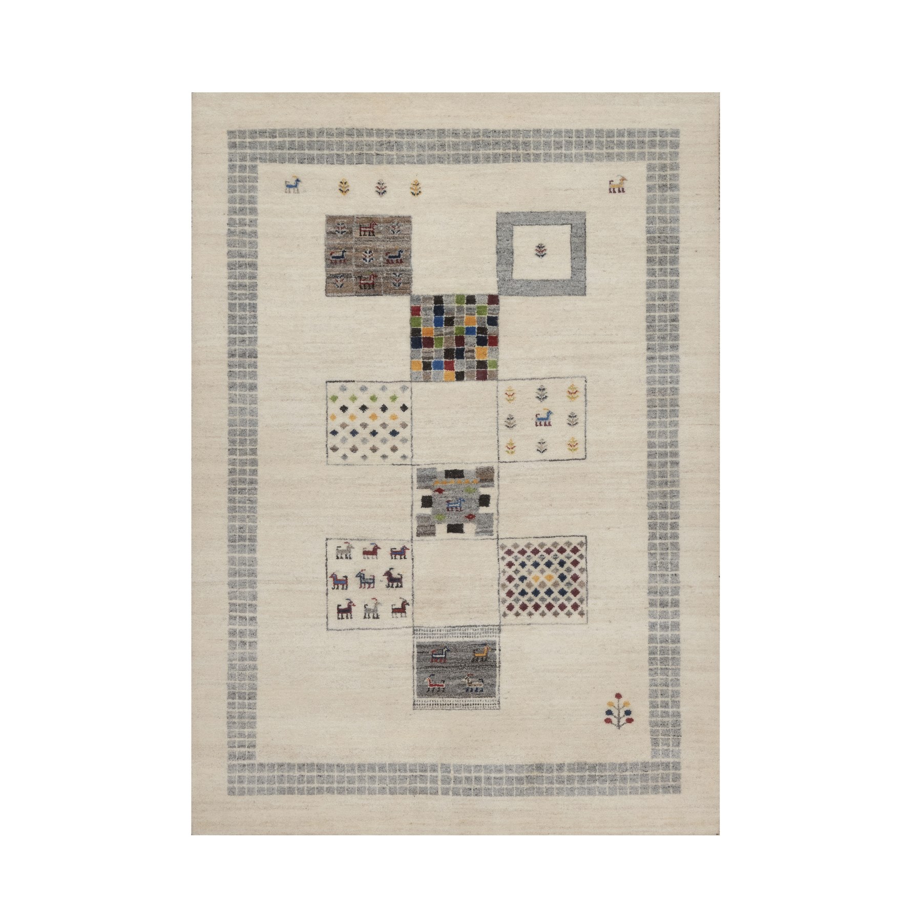 Parchment White, Lori Buft Gabbeh with Block Design, Small Animal Figurines, Modern, Soft Wool, Hand Knotted, Thick and Plush, Oriental Rug
